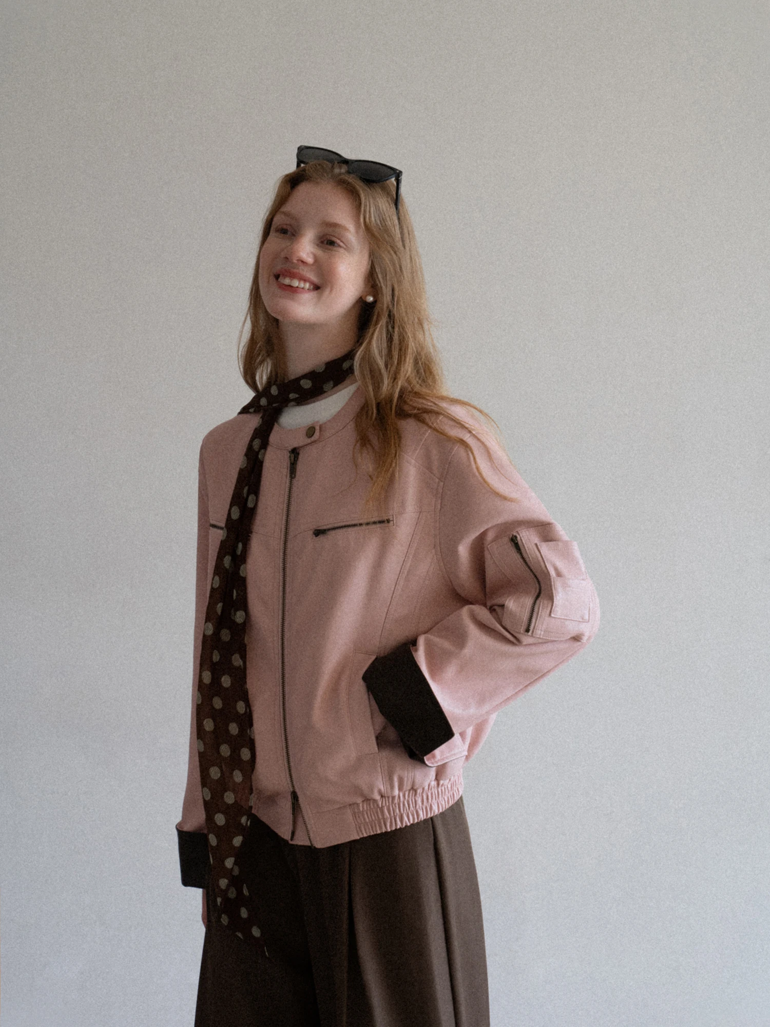 Jaqueta Retro de Couro Rosa com Corte Solto para Mulheres, Moda Colorida Blo, Y50953864, Couro PU, Manga Longa com Zíper