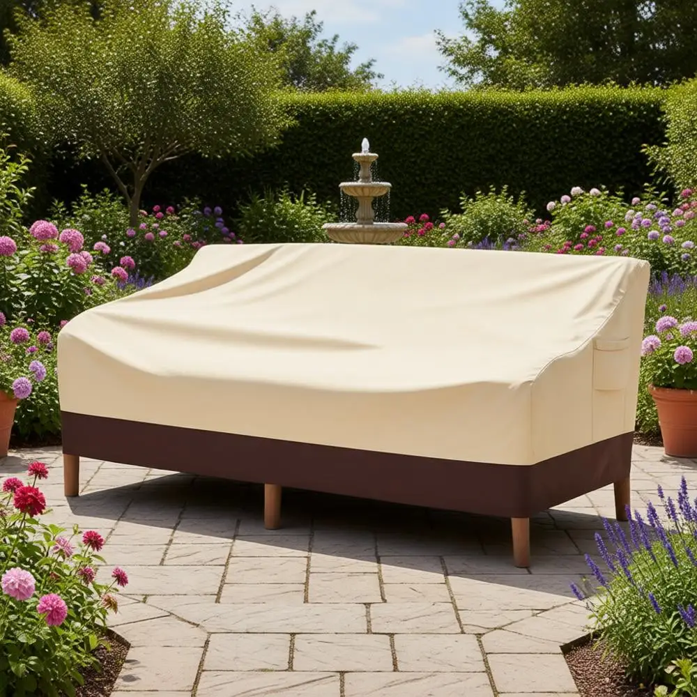 

Durable 3-Person Patio Sofa Cover, Waterproof Outdoor Furniture Cover with Air Vent and Handle, Beige & Brown, 79W x 37D x 35H