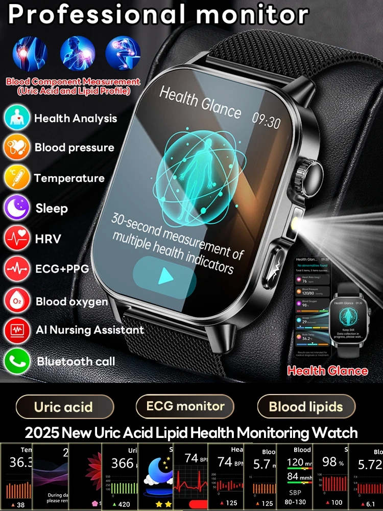 2026 Nieuwe Gezondheid Verpleging Grade Smart Horloge Mannen Bloedlipiden Urinezuur Tracker ECG + PPG Klok Bluetooth Oproep Smartwatches Mannen vrouwen - afbeelding 2