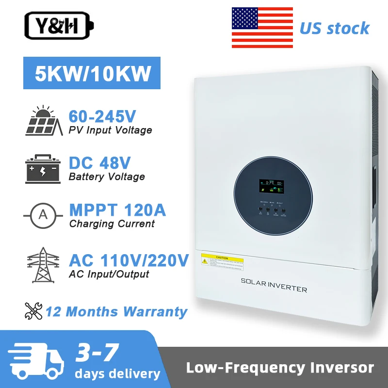 

Y&H 5KW 10KW Spilt-Phase Hybrid Inverter 48V to 120V/240V Low-Frequency Pure Sine Wave Inverter with MPPT 120A Solar Charger