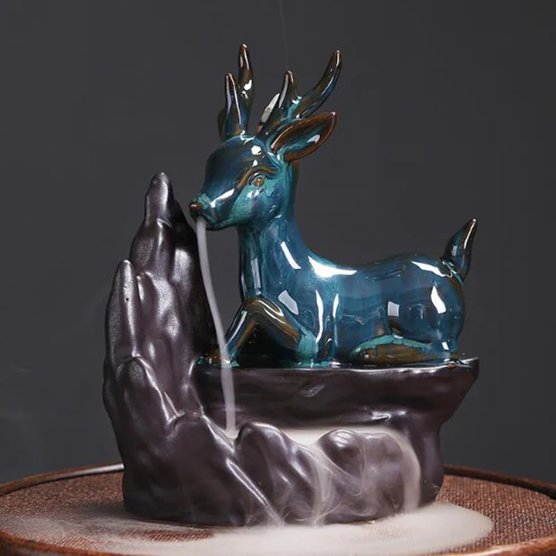 

Ceramic Backflow Aroma Burner Deer Hight Mountain Waterfall Tower Incense Holder Censer Handmade Crafts Art Home Decor