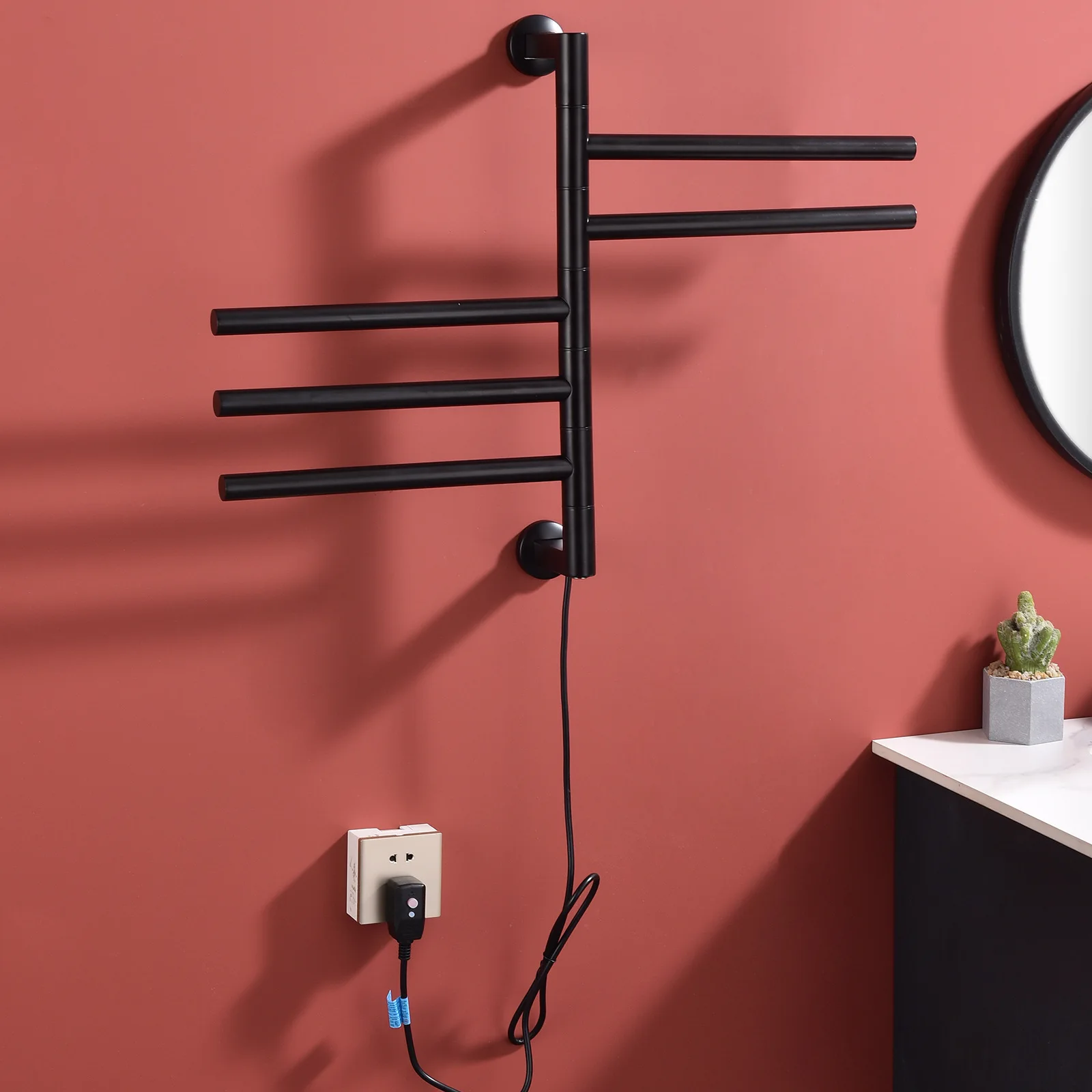 Rotating Black Electric Towel Rack Bathroom Storage Toilet Perforated Towel Rack Heating Drying Constant Temperature Wall Hangin