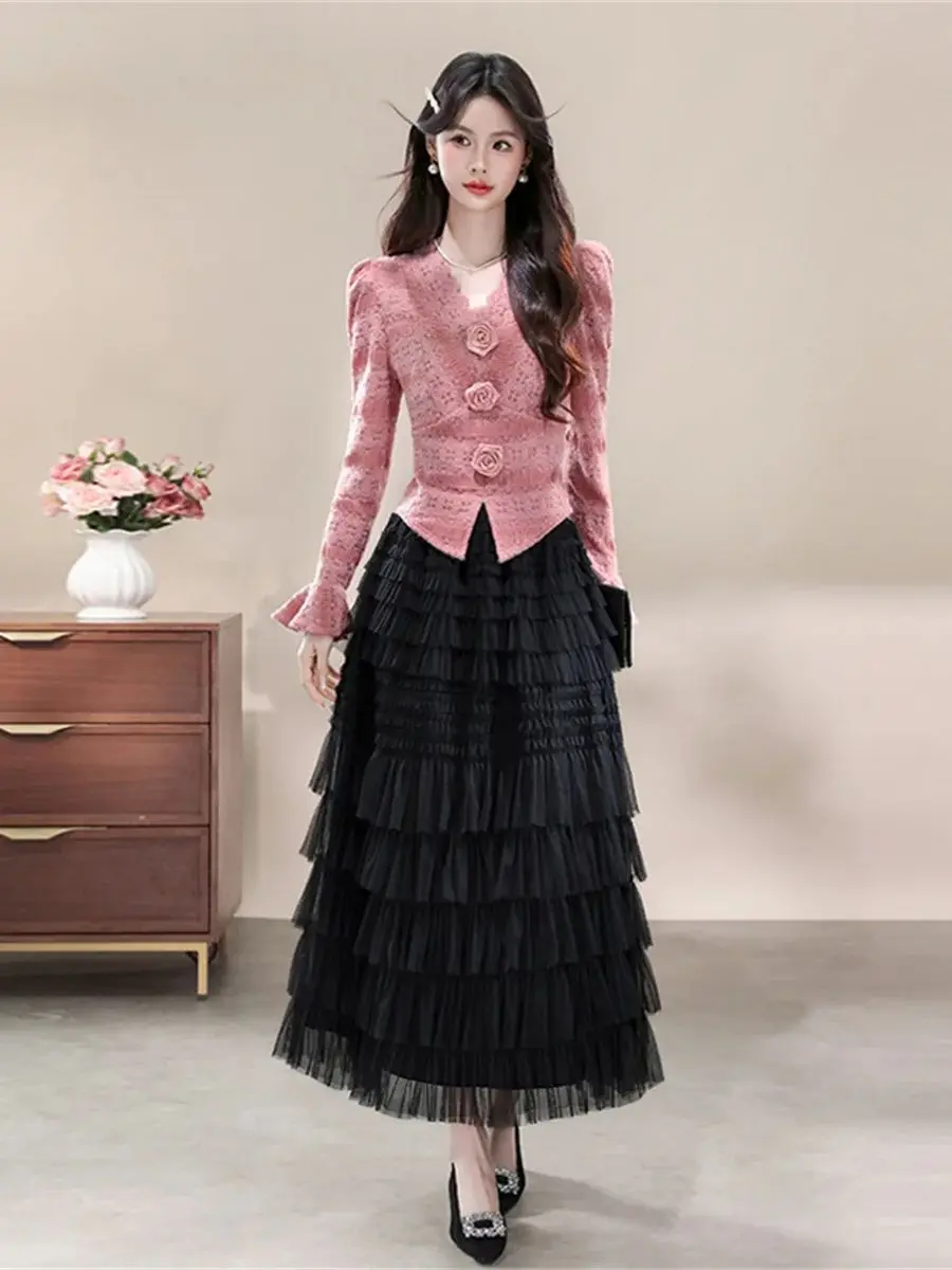 

Elegance Lace Blouse &Skirt Two Piece Outfits Woman High Quality 3D Flower Embroidery Lace Top and Mesh Skirt Suits