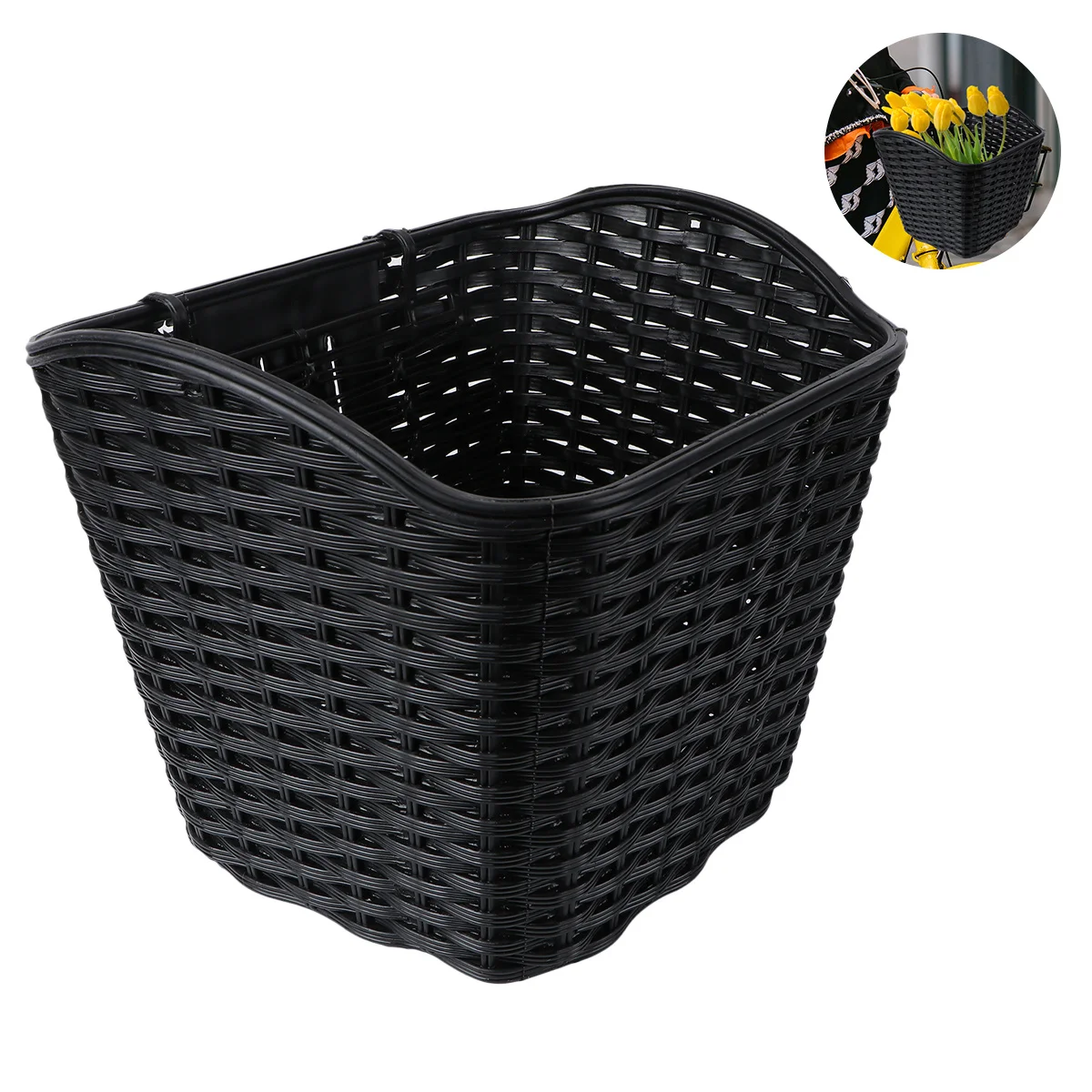 

1Pcs Electric Bike Plastic Basket Imitation Rattan Woven Basket Black Large Capacity Front Handlebar Storage for Cycling Outdoor