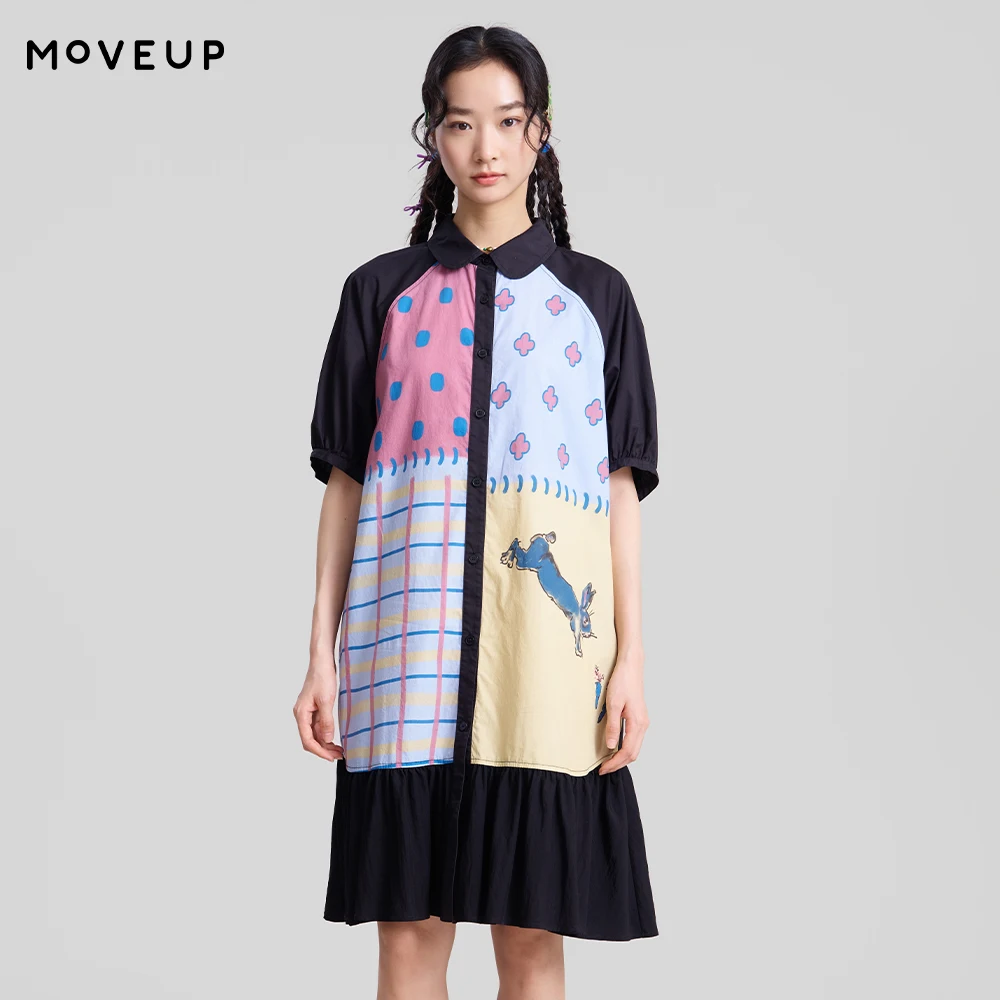

MOVEUP Short Sleeve Shirt Dress Women 2026 Spring New Lapel Collar Color Contrast Print Ruffle Hem Loose A-Line Dress 3ELC21309
