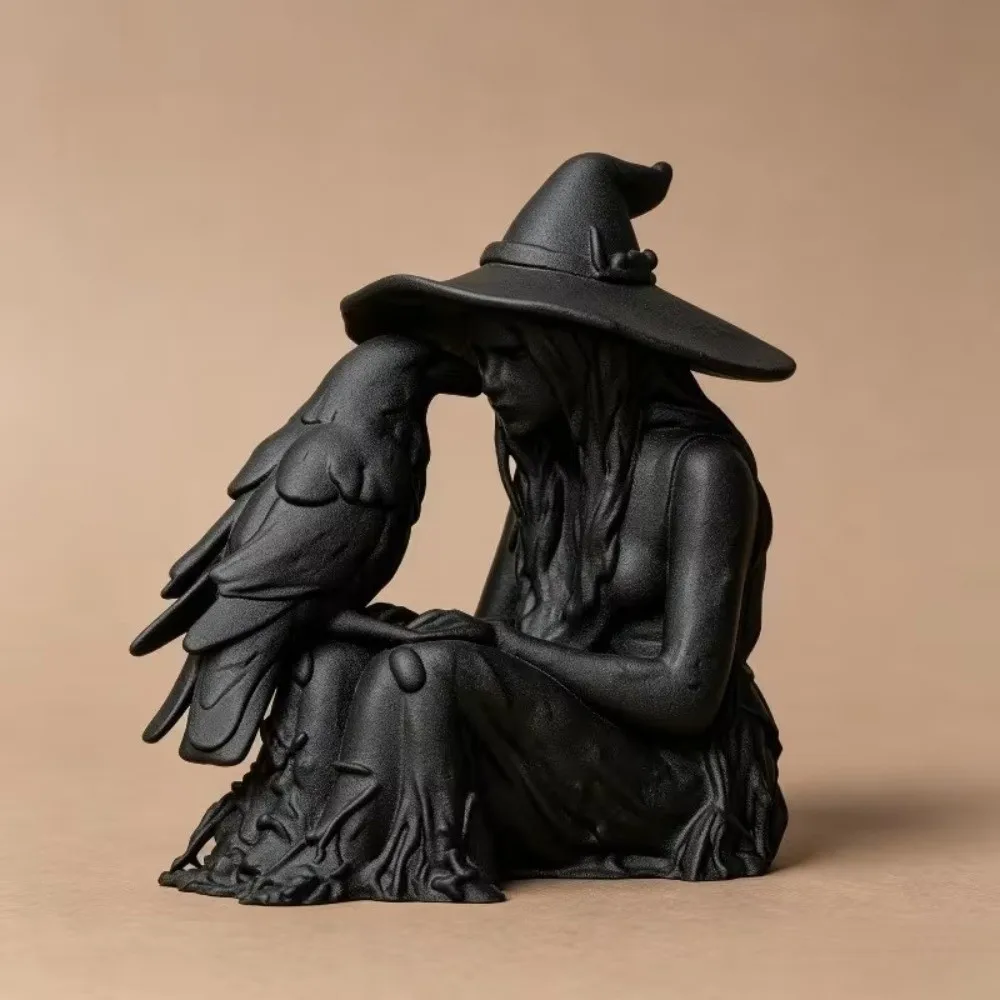 Creative 3D Printed Witch Sculpture Gothic Style Desk Ornaments Halloween Decoration Figurine Witch Crow Statue Gift