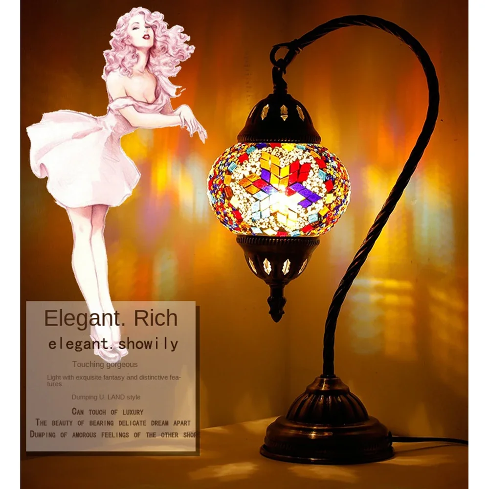 Stained Glass Bed Night Light, Handmade,Desktop Decorative Lamp, Turkey, Morocco, Mediterranean Style, Swan Neck Band, 38cm