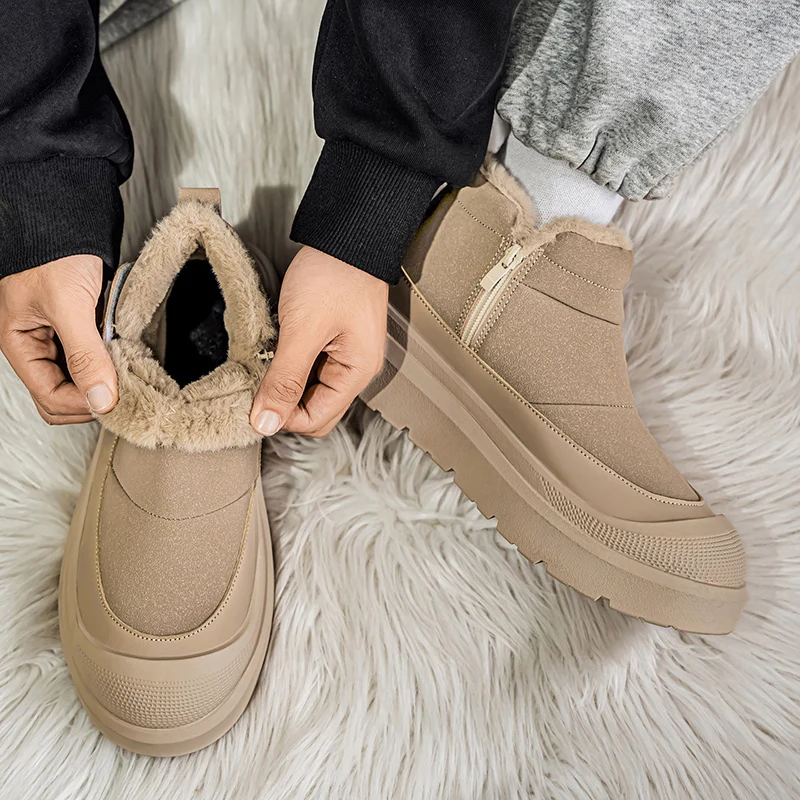 الشتاء في الهواء الطلق الأحذية القطنية للرجال أفخم حذاء الثلج عالي الرقبة دافئ موضة اليدوية حذاء كاجوال مع الفراء مقاوم للماء عدم الانزلاق حذاء من الجلد