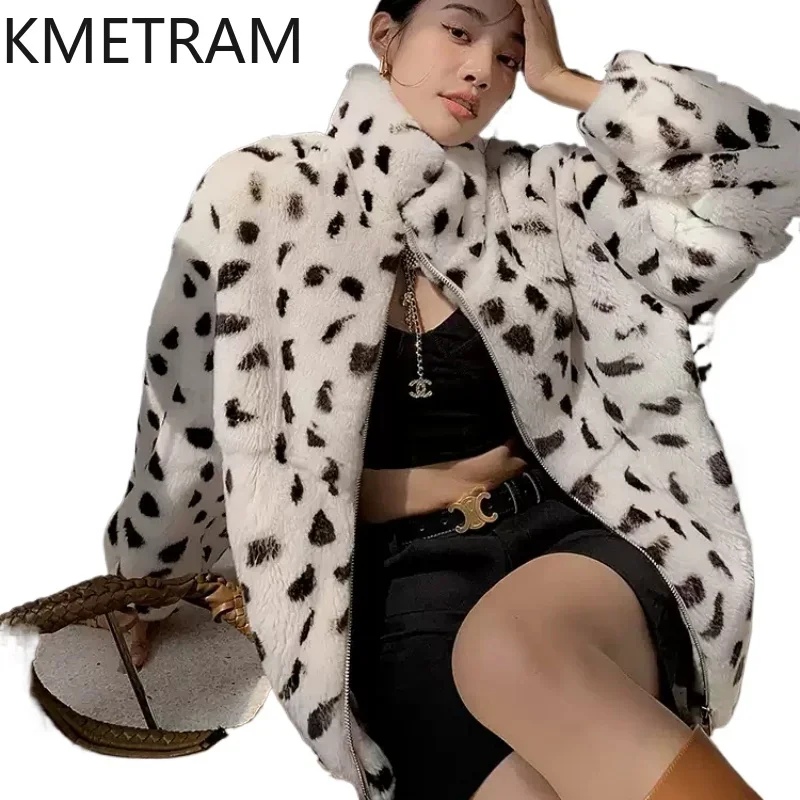 Real Rex Rabbit Fur Coat Women Black and White Leopard Print Fur Jacket 2024 Fashion Winter Clothes Woman New in Outerwears шуба