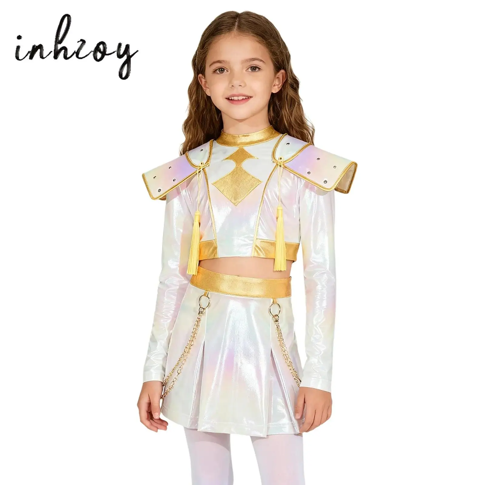 

Girl's Demon Cosplay Outfit Halloween Anime Character Iridescent Gloss Contrast Color Long Sleeve Chest Tassels Crop Top+Skirt