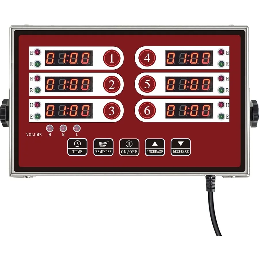 

6 Channel Commercial Kitchen Timer with Stainless Steel LED Digital Display for Professional Cooking and Restaurant Kitchens Fe