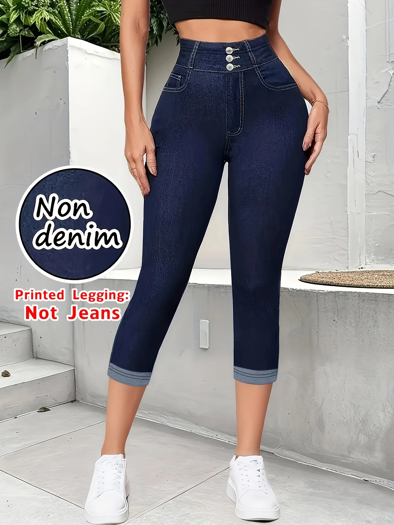 7160Women's Soft Faux Denim Print Shorts Non Hard Denim High Elastic Slim Fit Vacation Capri Pants