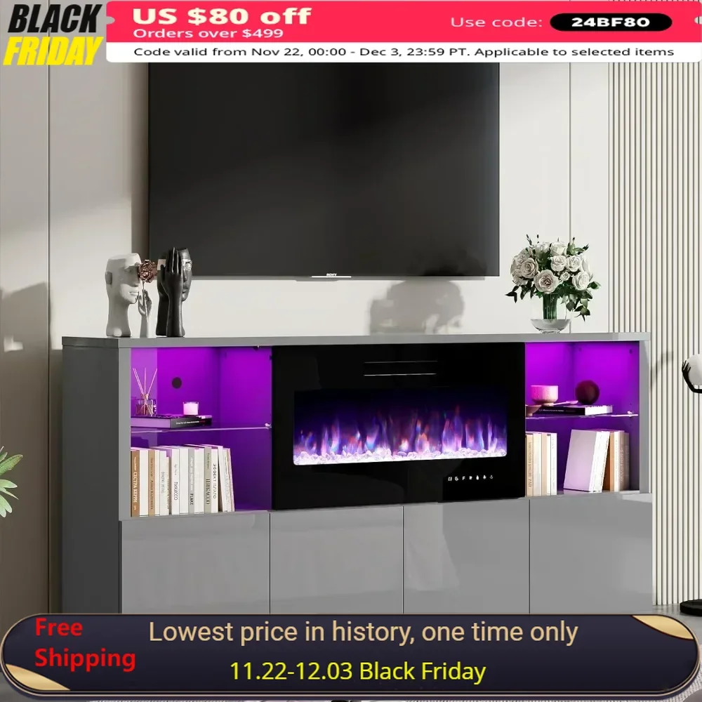 Fireplace TV Stand for TVs Up To 75" with 4 Shelves & Storage Cabinets Media Console Table Electric Fireplace TV Stand