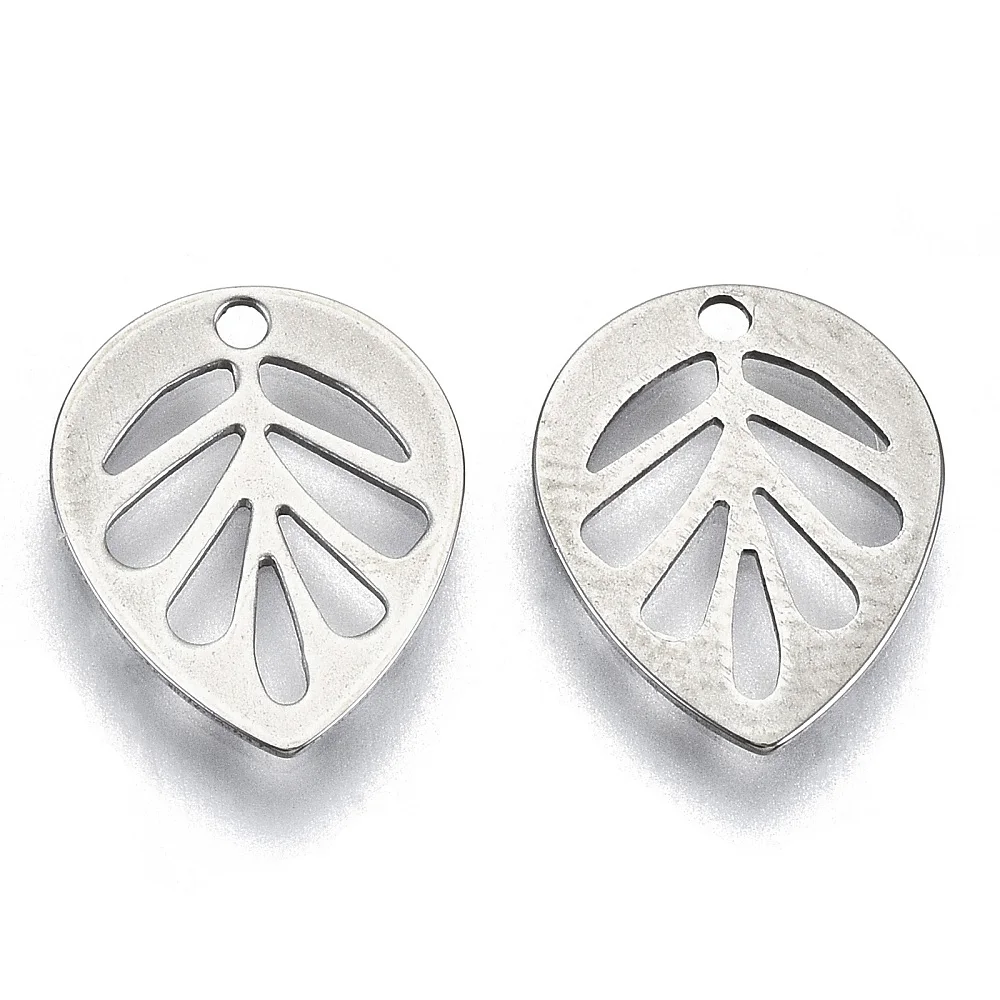 50pcs Non-Tarnish 201 Stainless Steel  Laser Cut Hollow Leaf 13x10.5x0.5mm Hole: 1.2mm