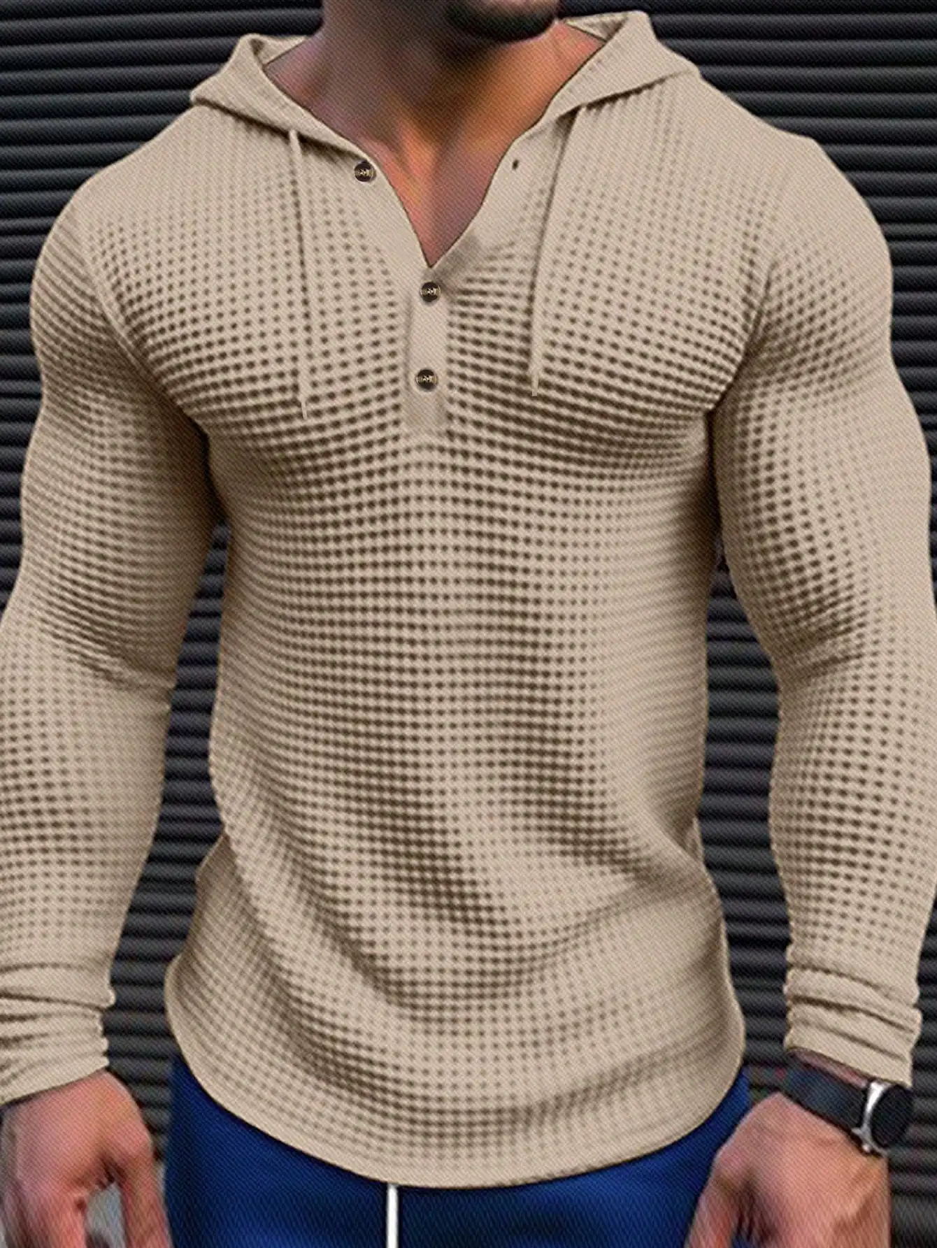 

Men's Waffle Knit Long Sleeve Hooded Pullover with Drawstring and Button Placket, Casual Fit for Spring Fall