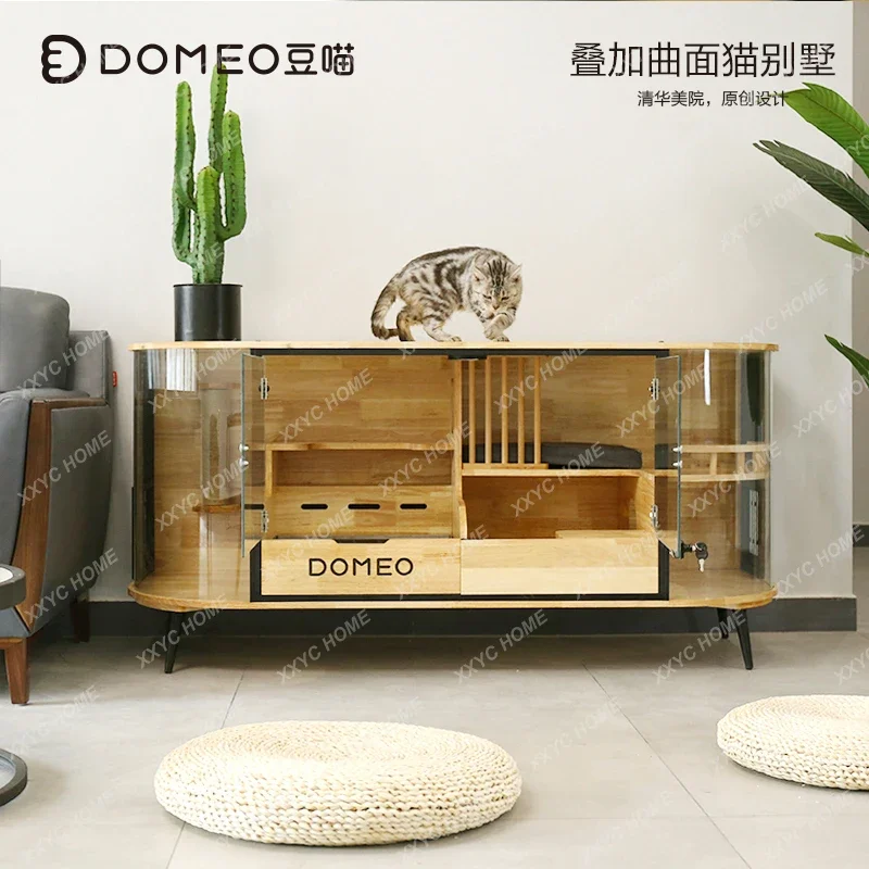 

Panoramic curved transparent glass cat villa luxury solid wood can be stacked cat room cat coffee display