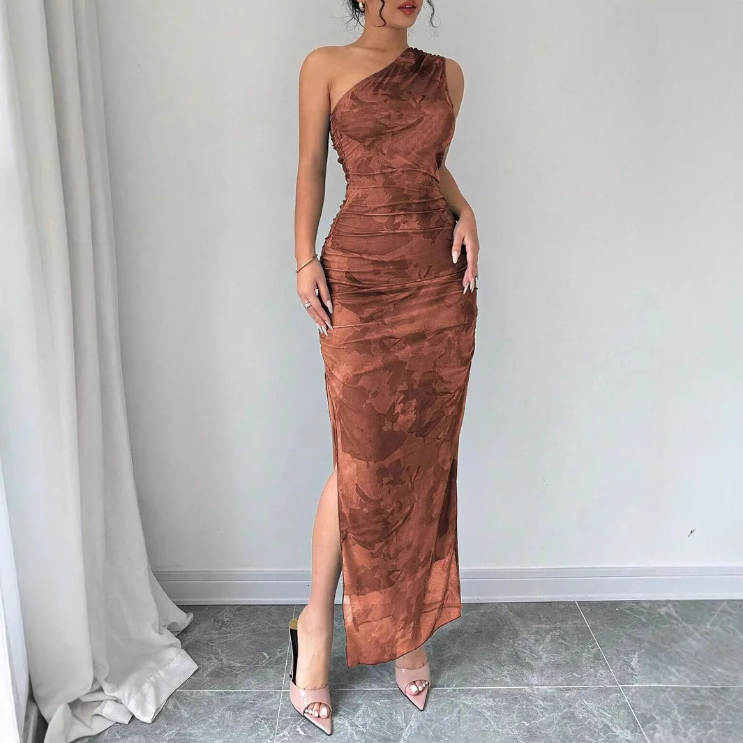 Mulheres elegantes marrom inclinado gola de ombro sem mangas floral impressão lateral fenda vestido apertado verão moda magro ajuste vestidos de festa