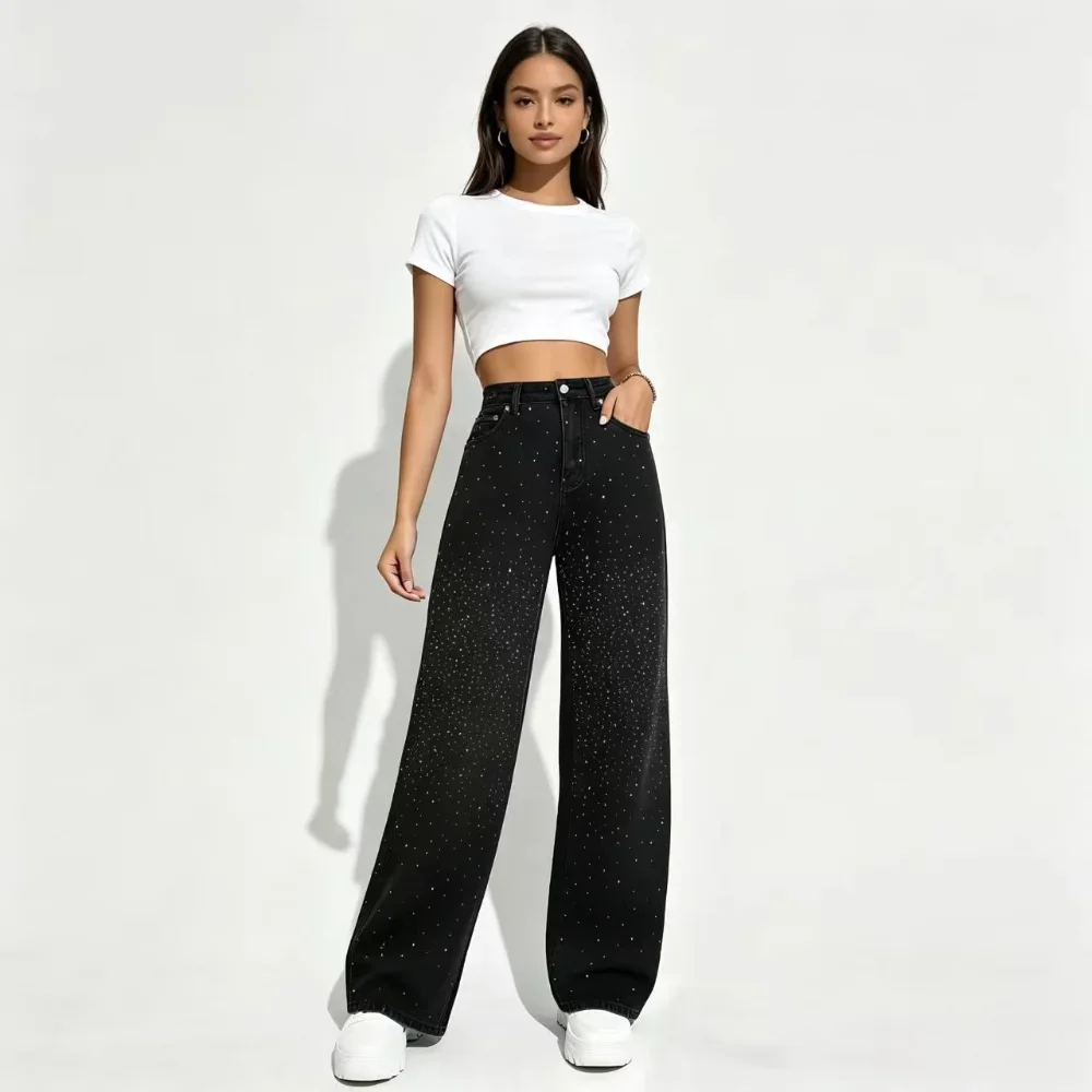 Black Gradual Change Hot Diamond Wide Leg Jeans Women, High Waist Drape Flash Diamond Straight Trousers, Thin Loose Jeans