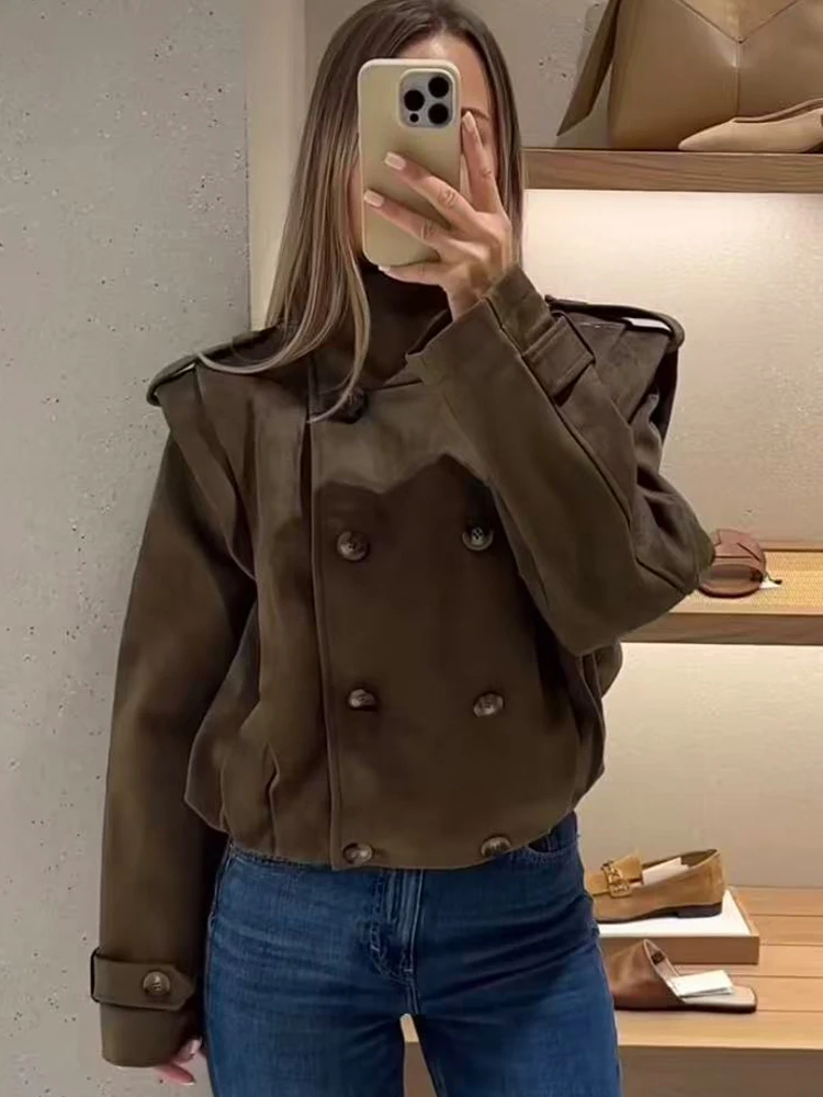 TFMLN Fashion Stand Collar Jacket For Women Double‑breasted Long Sleeve Casual Faux Suede Coat New Elegant Female Streetwear