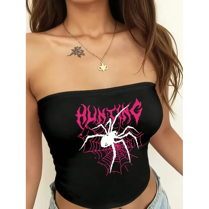 Women Strapless Tube Top Pink Hunting Spider Web Print Slim Y2K Gothic Bandeau Crop Top