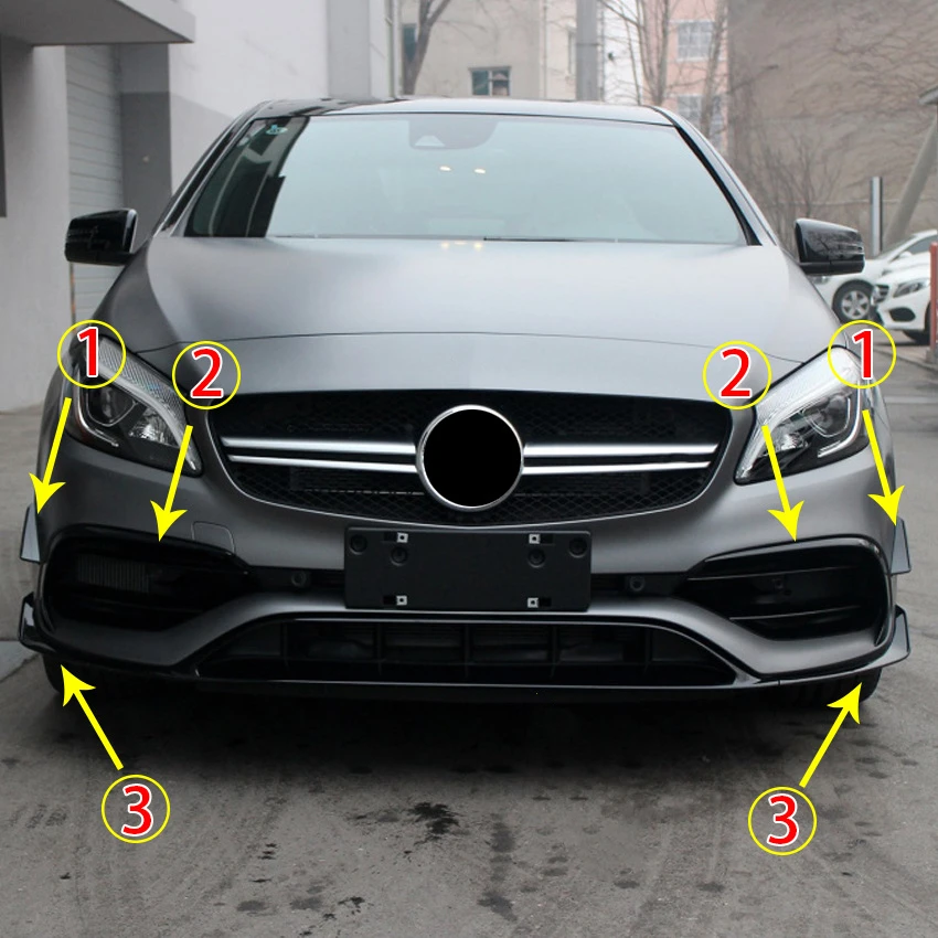 Glänzend schwarze Frontstoßstangen-Lippenspoiler-Splitter Canards Vents für Benz W176 A200 A250 A45 AMG Hatchback Sport 2016 2017 2018 – Detail 6