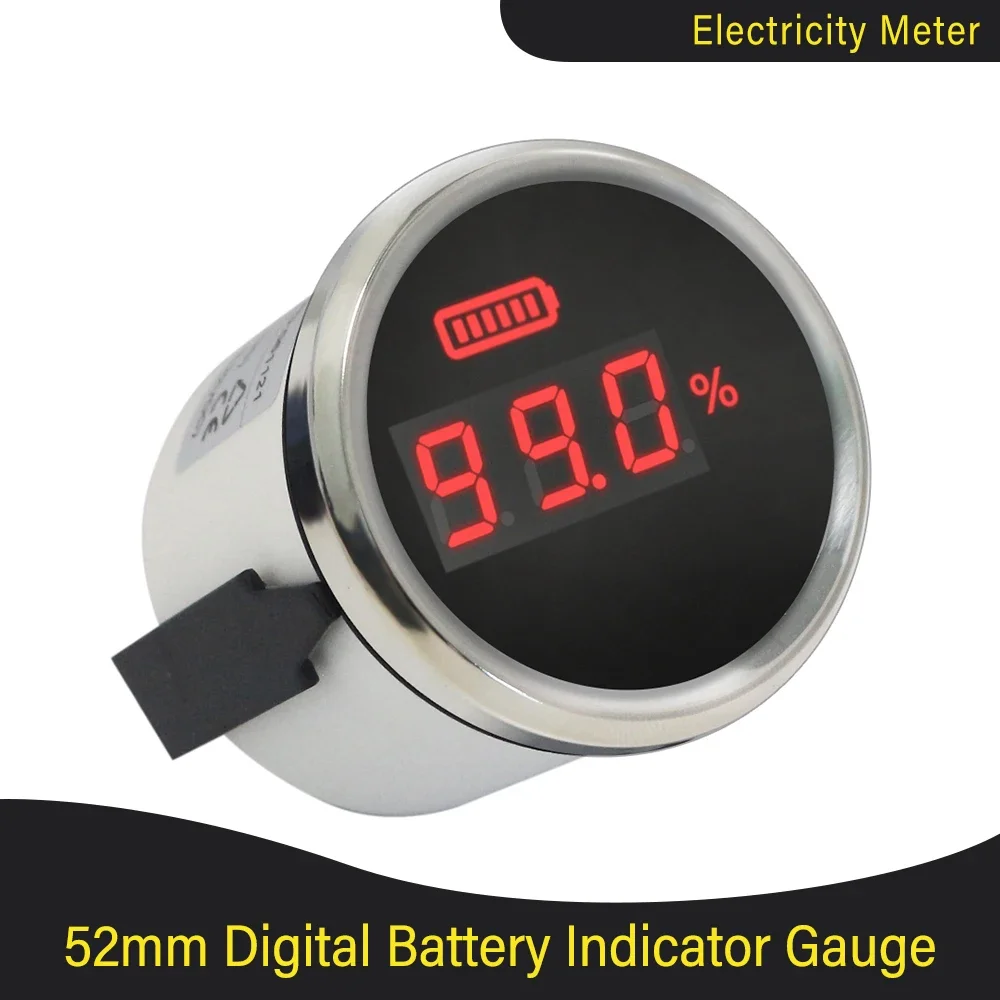 52mm Car LED Display Digital Battery Charge Level Indicator 0~100% Car SUV Boat Battery Capacity Meter with Red Backlight
