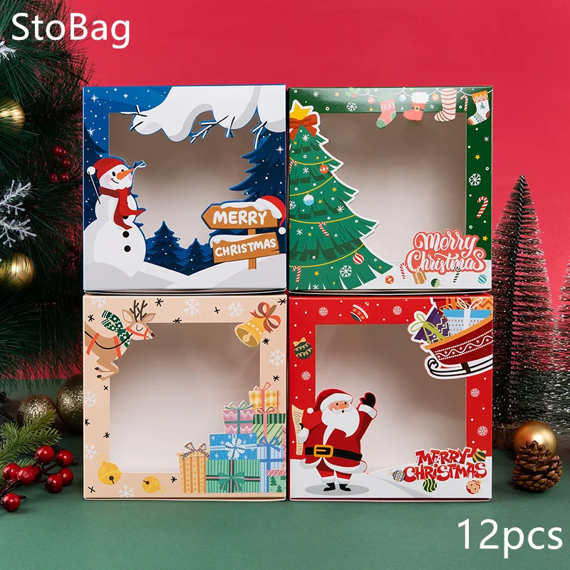 

StoBag 12pcs Christmas Cack Green Box Gift Cake Candy Chocolate Packaging Handmade Santa Claus Kids Party Party Supplie decorat