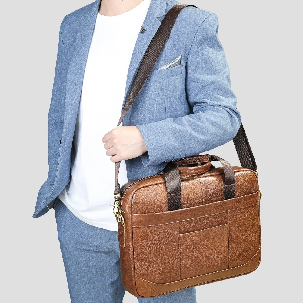 Men's Genuine Leather Business Briefcase Stylish 15-inch Large Capacity Document & Laptop Bag Cowhide Leather Briefcase