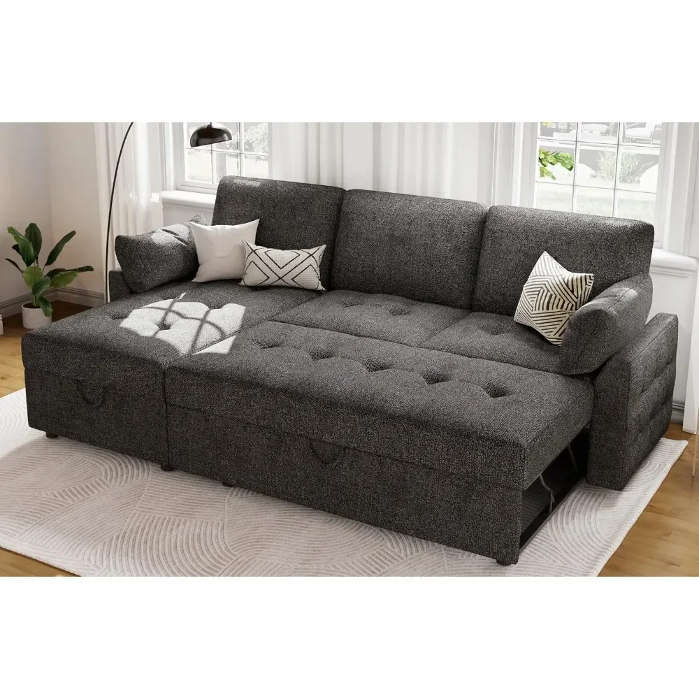 Pull Out Convertible Sleeper Sofa Bed with Storage Chaise, Tufted Sectional Couch for Living Room