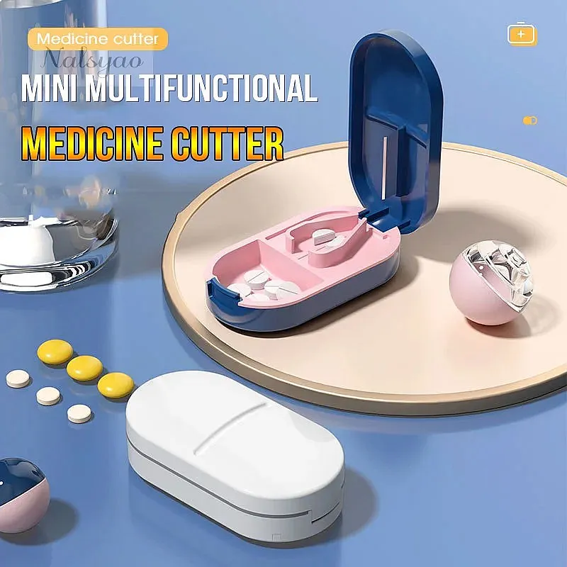 Portable 2-in-1 Pill Splitter Box with Stainless Steel Blade, Cuts Vitamins & Tablets into 1/2 or 1/4, Easy to Carry