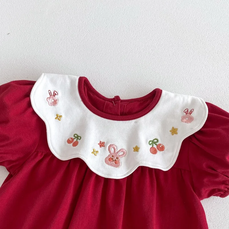 INS Summer Baby Girl Romper Short Sleeve Rabbit Embroidery Flower Collar Cotton Bodysuit Birthday Party One-Pieces Clothes