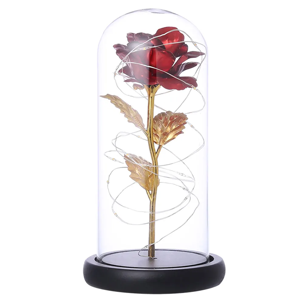 Lámpara de flor rosa de hoja de oro rojo en cúpula de vidrio, Rosa encantada, regalo para mujeres, boda, Día de San Valentín, día de la madre, aniversario