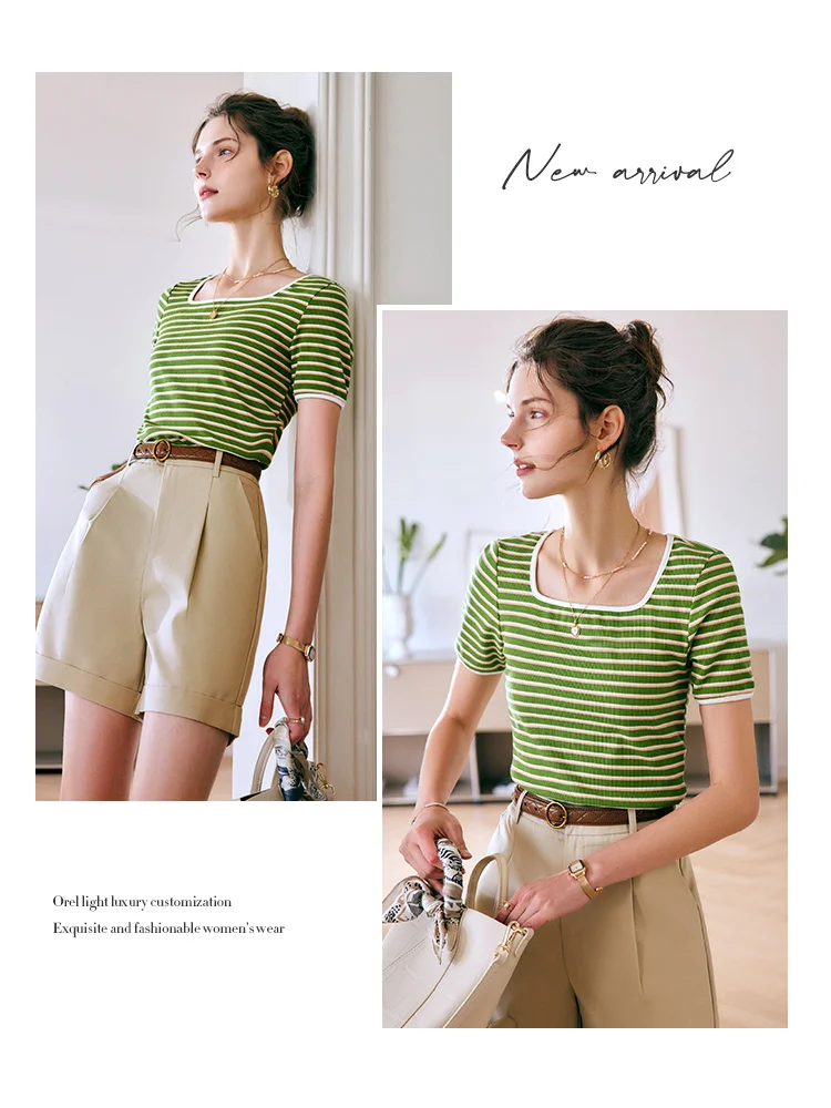 OLrain Gestreept T-shirt met korte mouwen Dames Zomer Tops 2025 Katoenmix Contrast Slanke T-shirts Vrouwelijke kleding O22XT61165