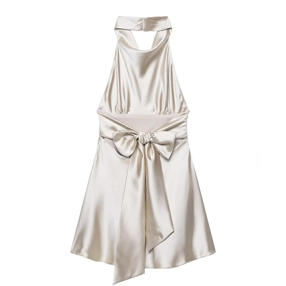 Summer New Women's Fashion Western Silk Texture Satin Hanging Neck Dress