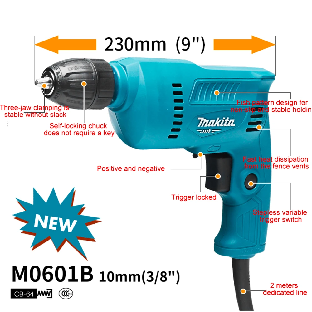 Makita M0601B Hand Power Drill 10mm Electric Screw Driver Tool Home Used Multi-function Electric Drill 220V 400W Lightweight Sel