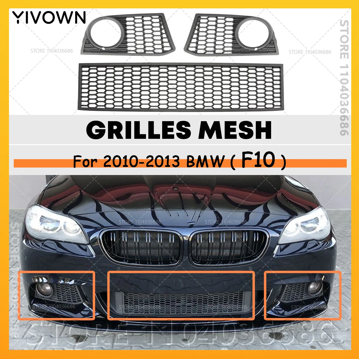 

For 2010 2011 2012 2013 F10 BMW 528i 528iX 535i 535iX 550i 550iX Hybrid 5 Front Bumper Fog Lights Grille Air Inlet Trims Mesh