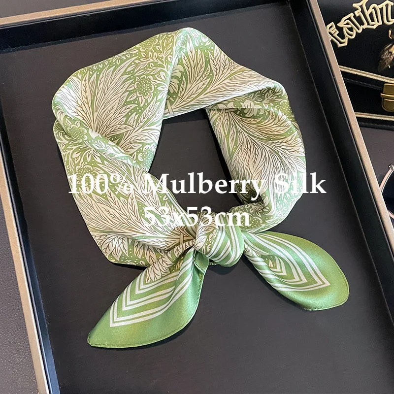 100% Mulberry Silk Floral Leaf Scarf Square Women Neck Hair Headband Bag Wrap Gift Soft Fashion Elegant Daily Lightweight Chic