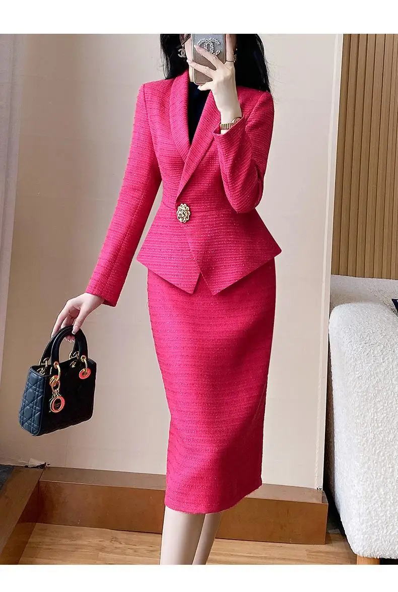 Insozkdg الفاخرة الأزرق بدلة قصيرة سترة المرأة الخصر التخسيس دعوى الإجتماعي الراقية ميدي تنورة مجموعة قطعتين مجموعة ملابس النساء