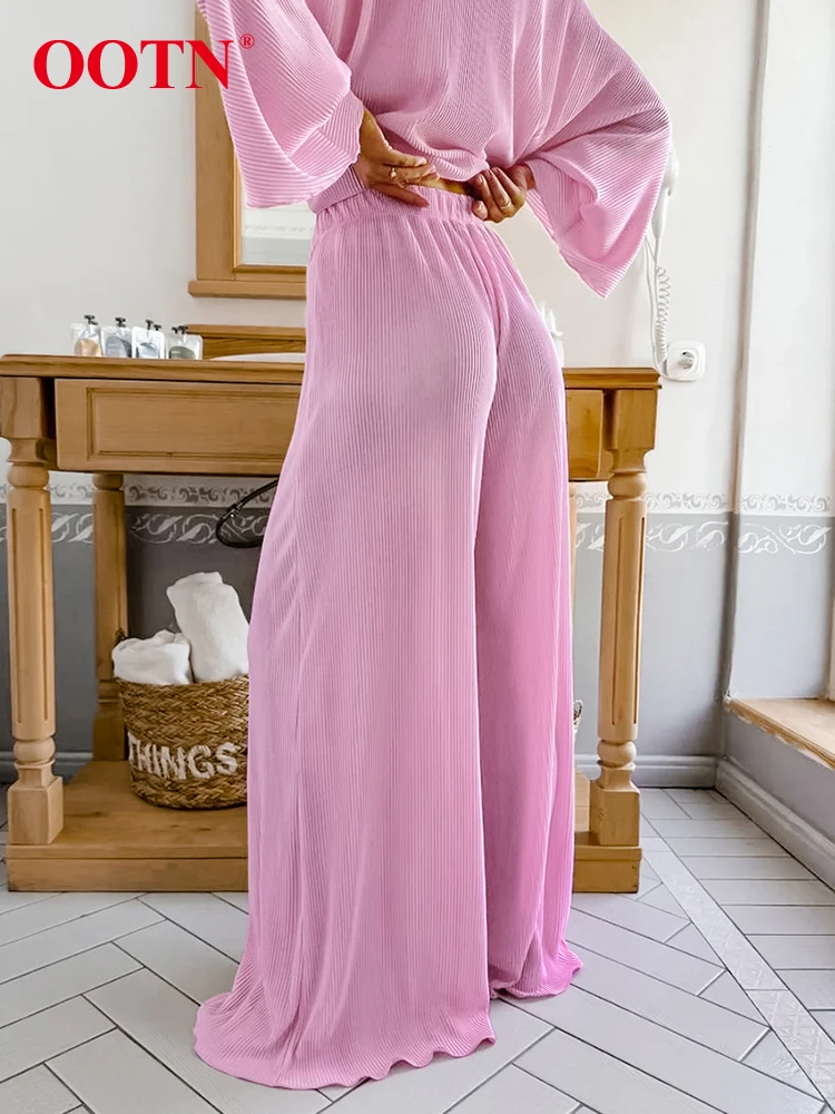 OOTN Pleated Office Solid Women Pants Sets Two Pieces Pink Cross V-Neck Shirts And Pleated Trousers Autumn Winter 2024 Ladies