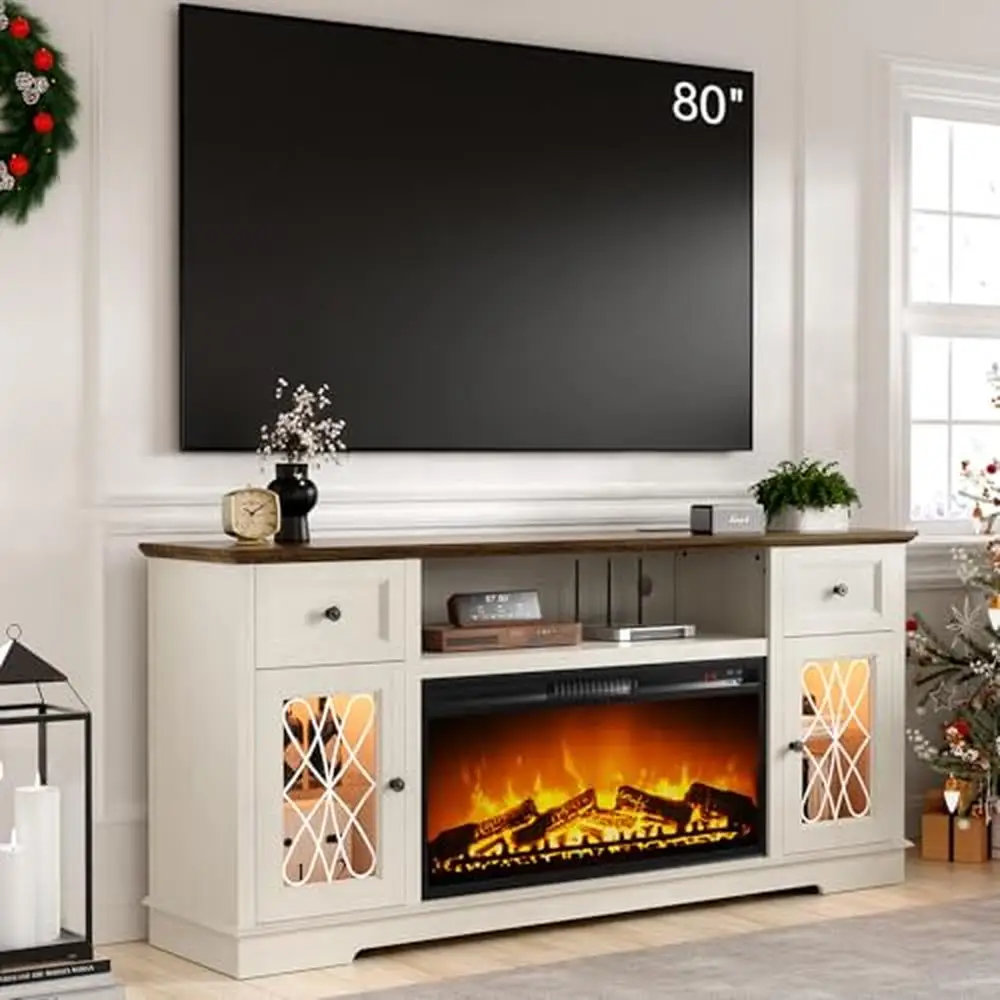 Electric Fireplace TV Stand With Adjustable Flame Colors 80 Inch Entertainment Center With Storage Drawers and LED Lights