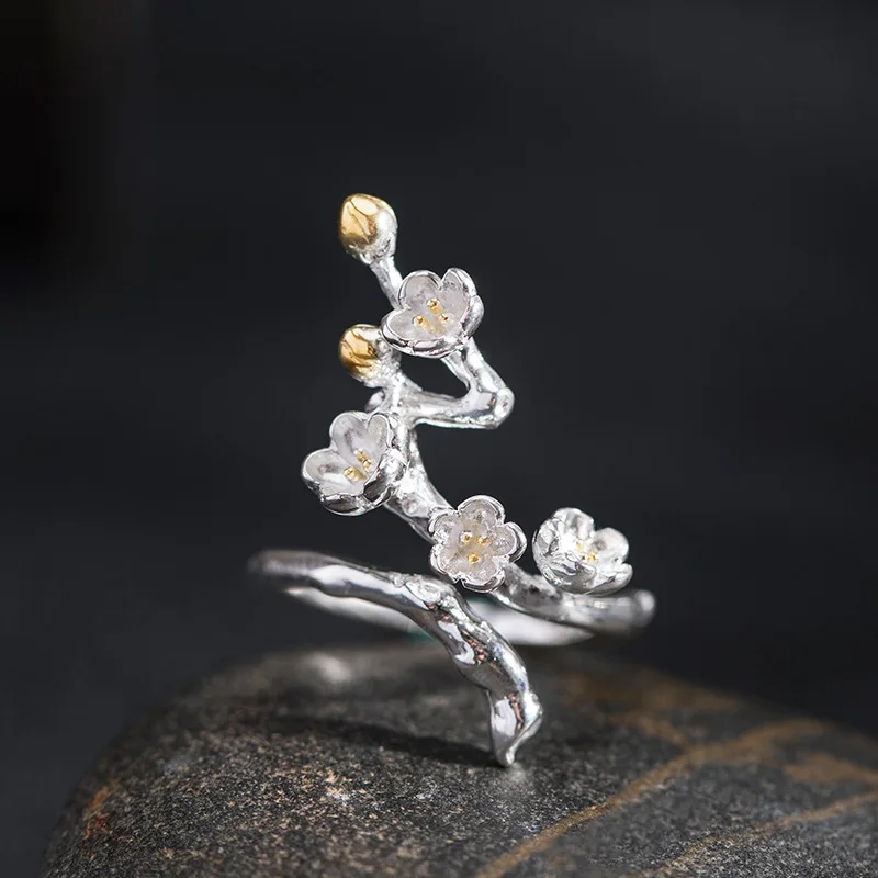 Amxiu Sterling Silver 925 Design Antique Han Suit Plum Blossom Branch Ring Female China-Chic Flower Ring Handwear