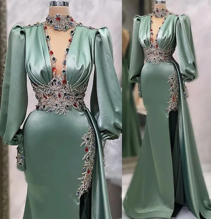 

Beaded Crystals Prom Dress Long Sleeves Mermaid Satin Luxurious Evening Formal Party Second Reception Birthday Engagement Gowns