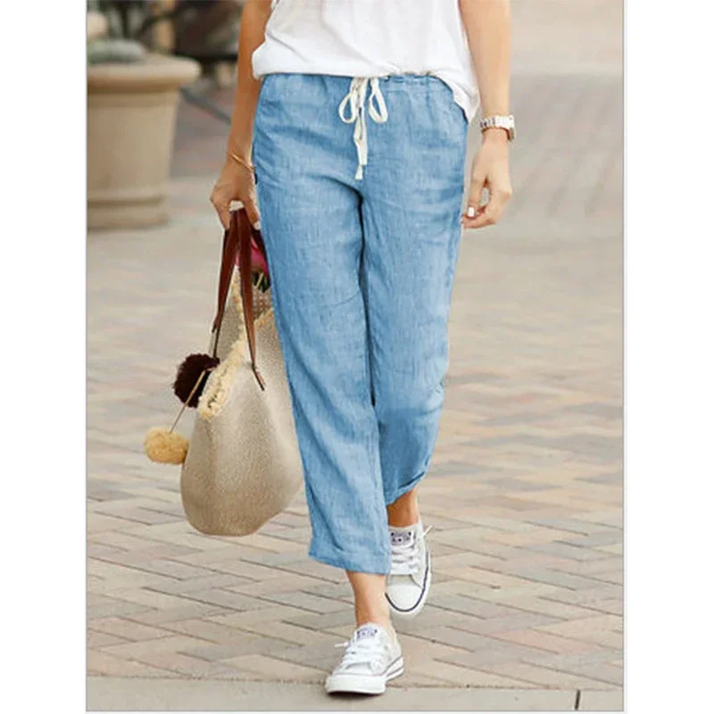 TUSHANGGE Solid Color Drawstring Elastic Waist Women Long Pants Plus Size Pockets All-Match Comfortable Straight Lady Trousers