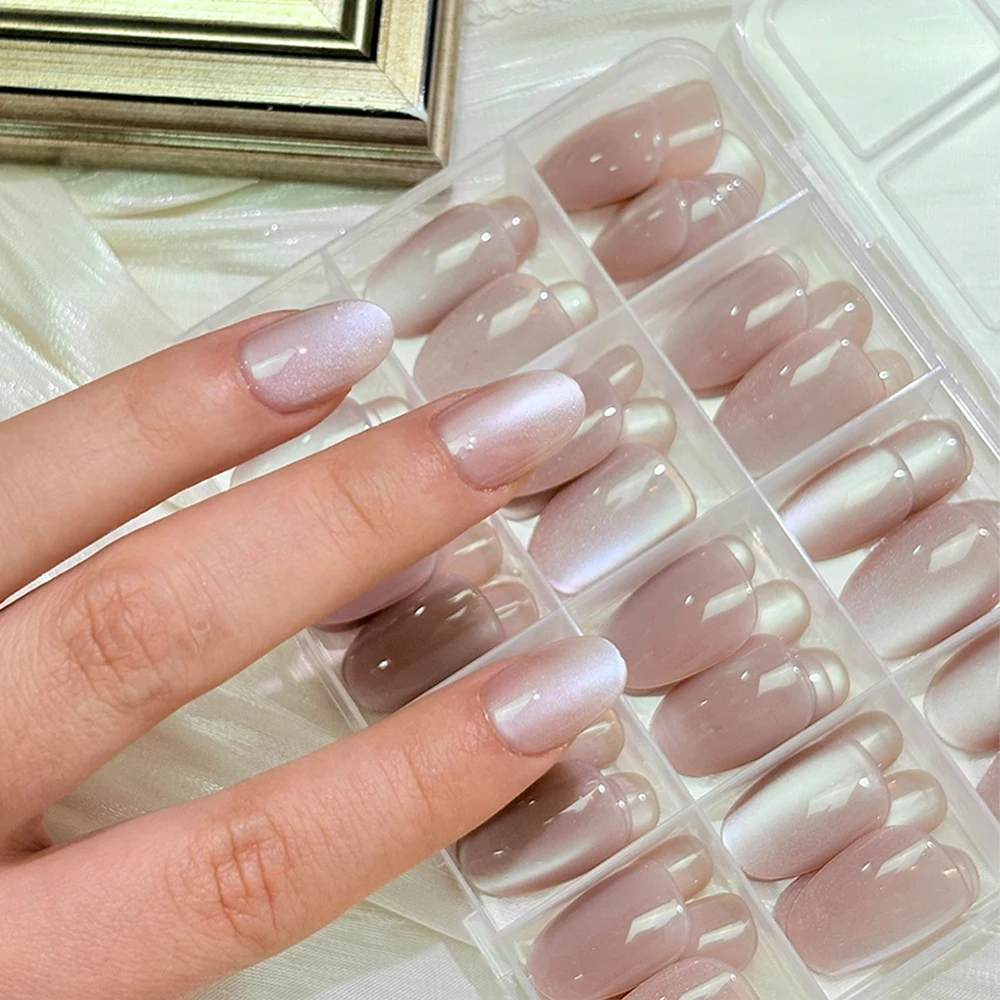 144 stuks naakt roze glitter cat eye nepnagels korte ovale jelly cat's eye volledige dekking druk op nagels voor vrouwen draagbare kunstnagels #