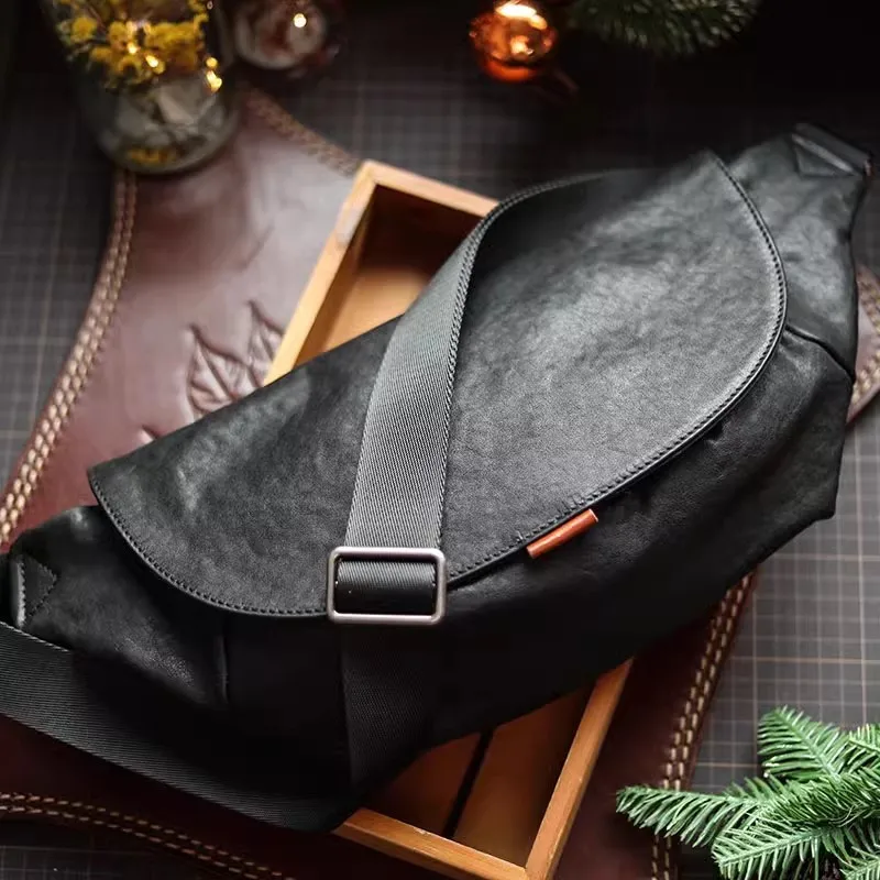 Pndme Outdoor-Mode Luxus Echt leder Herren schwarze Brusttasche wochen ende täglich Sport natürliche weiche echte Rindsleder Umhängetasche