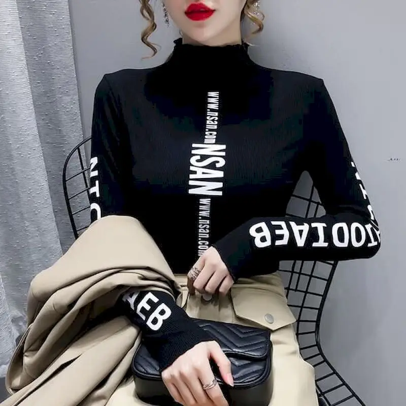 2024 Spring Winter Women T-shirts New Loose Personality Stretch Thin Long-sleeved Round Neck Mid-high Neck Large Size Bottoming