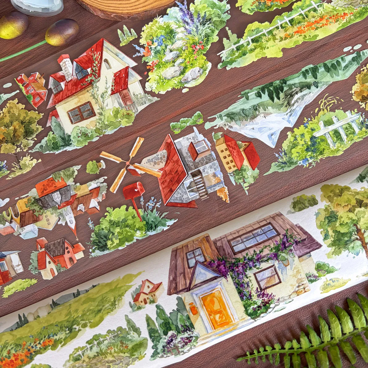 New Scenery Washi Tape Red House Valley Blue Purple Lane Windmill Building Landscape PET Sticker for Journal Scrapbooking