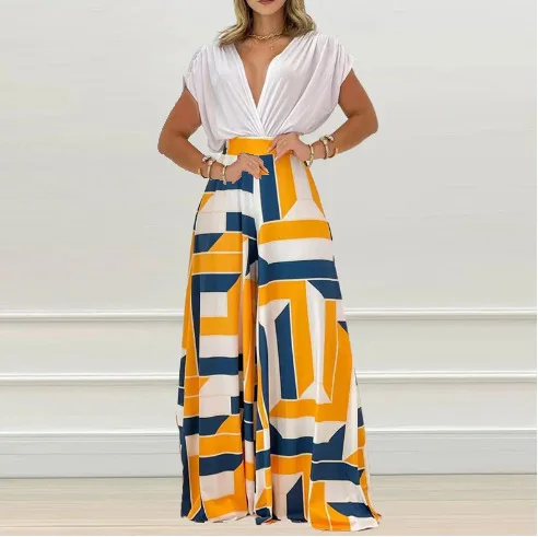 Two Piece Sets Womens Outifits 2023 Spring Fashion V-Neck Short Sleeved Top & Casual Printed High Waist Wide Leg Long Pants Suit