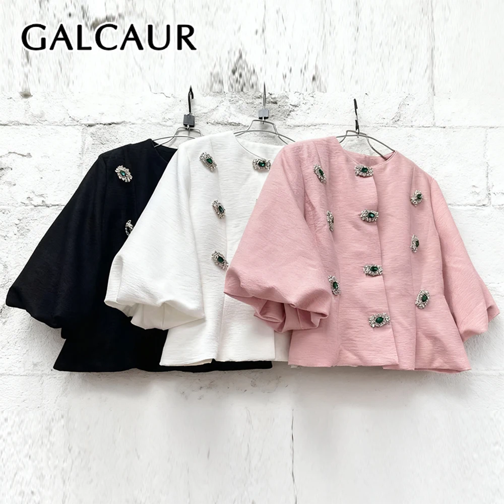 

GALCAUR Solid Spliced Button Temperament T Shirt Female O Neck Lantern Sleeve Loose Elegant Women's T Shirt Fashion Autumn Style