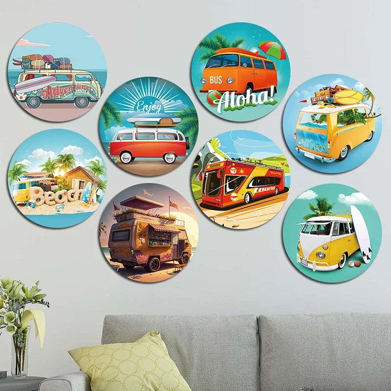 Summer Travel Plaques Round Metal Tin Signs Vintage Travel Bus Beach Surf Metal Plate Wall Decor Surfing Club Seaside Man Cave